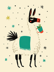 Cute llama holding plant, surrounded by stars and whimsical background