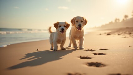 A serene beach photo featuring your pet&rsquo;s paw prints in the sand. Capture their playful or relaxed mood with soft sunset lighting and a peaceful ocean backdrop for timeless memories.