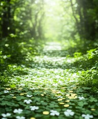 Fototapeta premium Festive Forest Path with Shamrocks and Golden Coins - Perfect for Saint Patricks Day, Easter, and Spring Celebrations