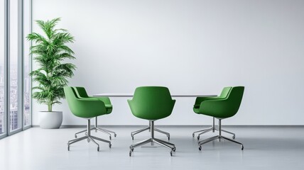 Fototapeta premium Bright and airy meeting room featuring stylish green chairs for a fresh and inviting atmosphere.