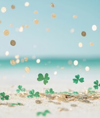 Naklejka premium Festive Beach Decor with Green Shamrocks and Gold Coins for Saint Patricks Day, Easter, and Thanksgiving