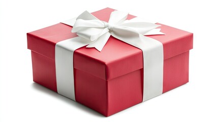 A vibrant red gift box with a white ribbon, isolated on a white background, perfect for conveying warmth and joy during the holiday season