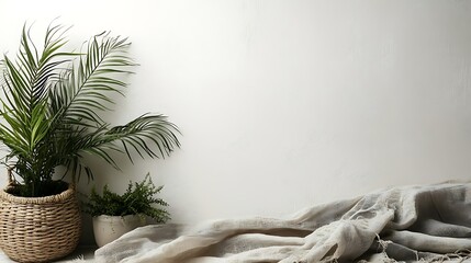 Plants and fabric against white wall.