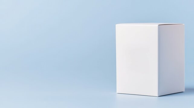 A minimalist white box set against a soft blue background, suggesting modern packaging or product information.