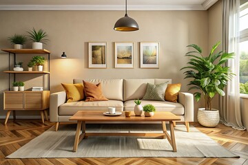 Minimalist beige living room features a modern sofa, wooden accents, and urban photography.