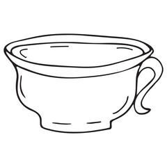 cup with drink, coffee or tea with milk, vector black and white doodle element, coloring book, cute design element