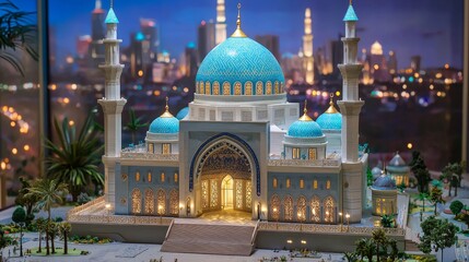 Naklejka premium Beautiful illuminated mosque at night with intricate architecture and glowing lights