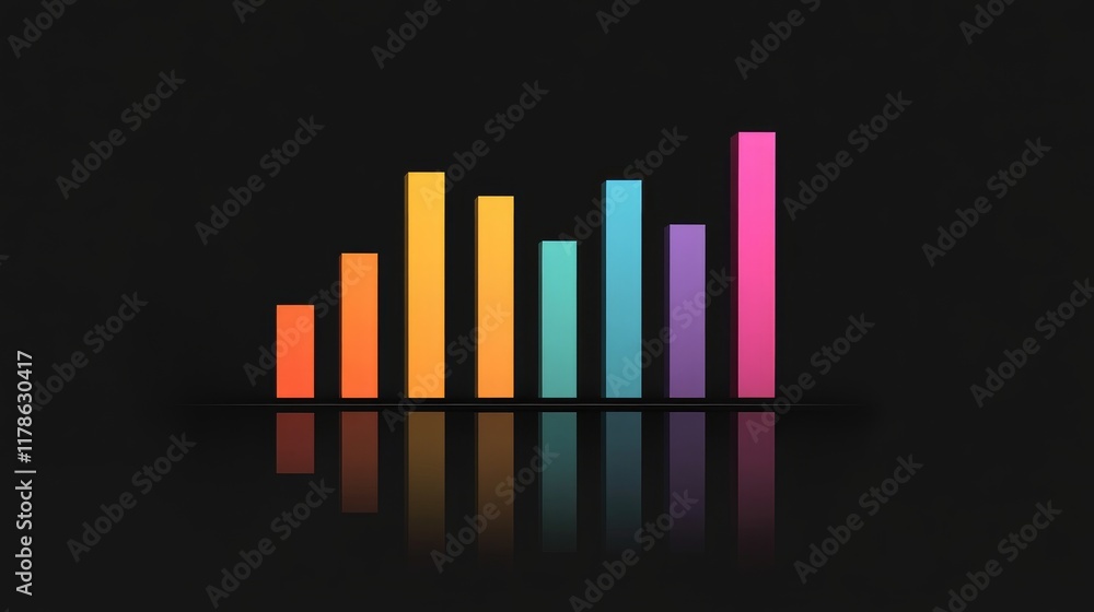 Poster a minimalist design featuring a bar chart with sleek lines and vibrant colors on a black background,
