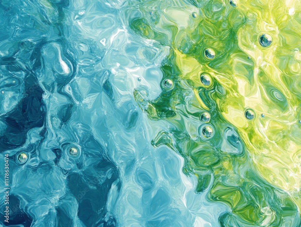 Poster abstract water texture with bubbling air bubbles and vibrant colors of blue and green creating a uni