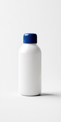 Sleek White Shampoo Vessel with Blue Lid, Isolated on Pristine White Backdrop