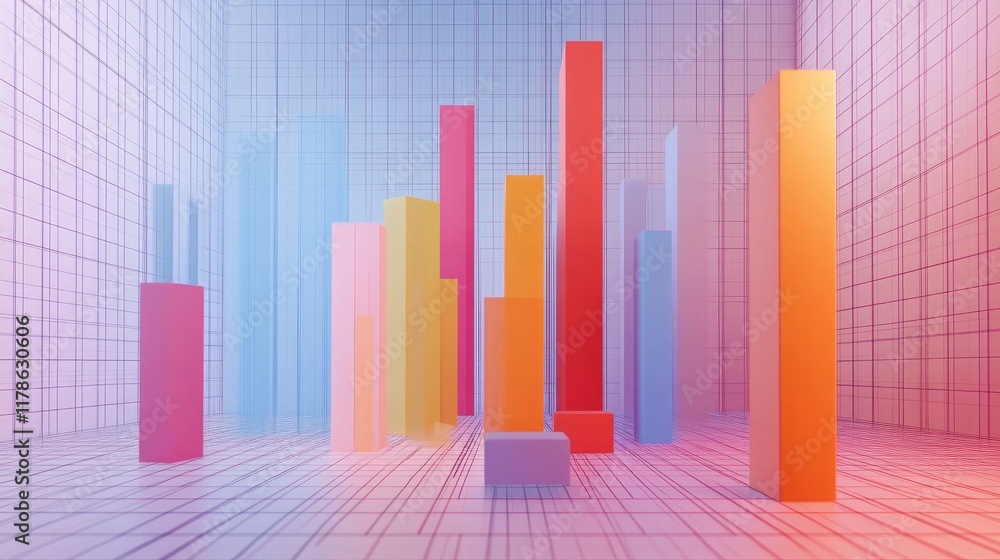 Poster a modern d bar chart floating in mid-air, with bars of varying heights representing business perform
