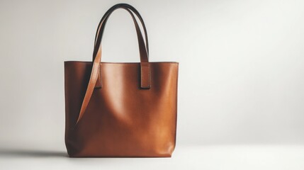 Elegant Brown Leather Tote Bag on White Background