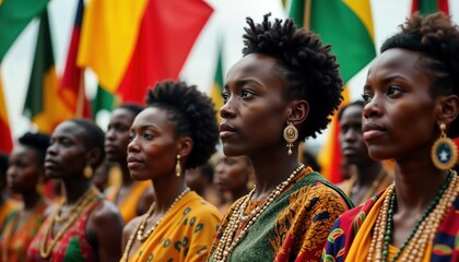 Diverse group of people stand together traditional African clothing. Colorful flags representing different cultures visible. Group likely celebrating Black Awareness Day similar cultural event.