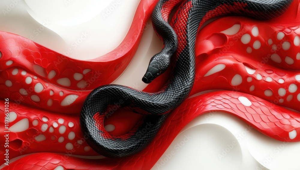 Poster artistic representation of a black and red snake on abstract white background with curved textures a
