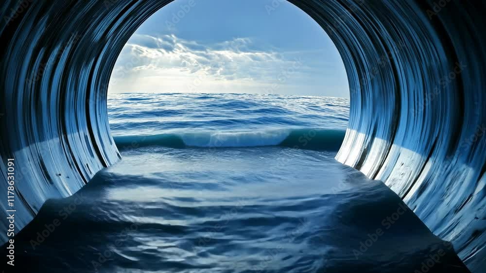Aufkleber view of ocean waves seen through a large circular tunnel during a serene daytime setting