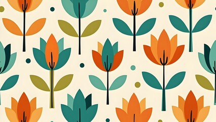Mid-Century Modern Vector Pattern with Orange and Aqua Blue Florals