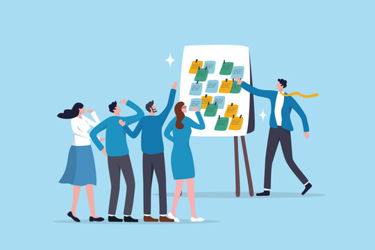 Workshop idea meeting brainstorm, people discussion or collaboration for business idea, teamwork or conversation in workplace, gathering solution concept, business people in brainstorm in workshop.