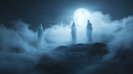 Ethereal Figures in a Moonlit Fog