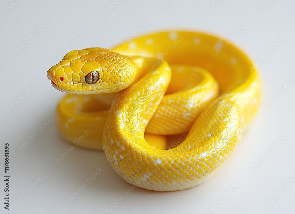 Poster bright yellow snake coiling gracefully on a light surface, showcasing unique patterns and textures, 