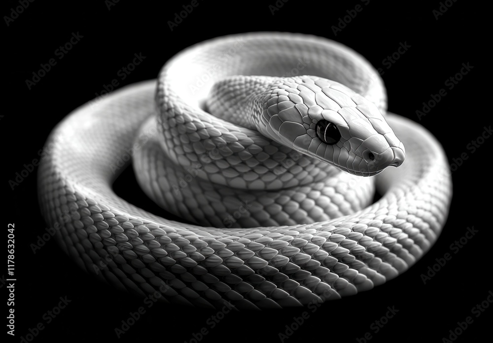 Poster captivating black and white portrait of a coiled snake showcasing intricate scale patterns and expre