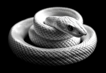 Fototapeta premium Captivating Black and White Portrait of a Coiled Snake Showcasing Intricate Scale Patterns and Expressive Features on a Dark Background