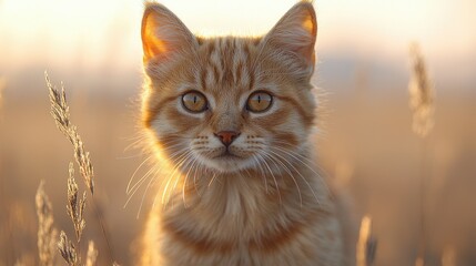 Ginger Kitten Gazing at Sunset in Golden Field