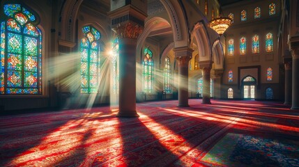 Obraz premium Golden sunlight streaming through mosque windows during Ramadan
