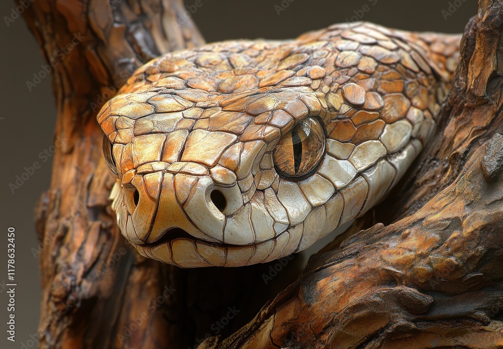 Poster captivating close-up of a colorful snake coiled on a branch, showcasing detailed scales and unique p