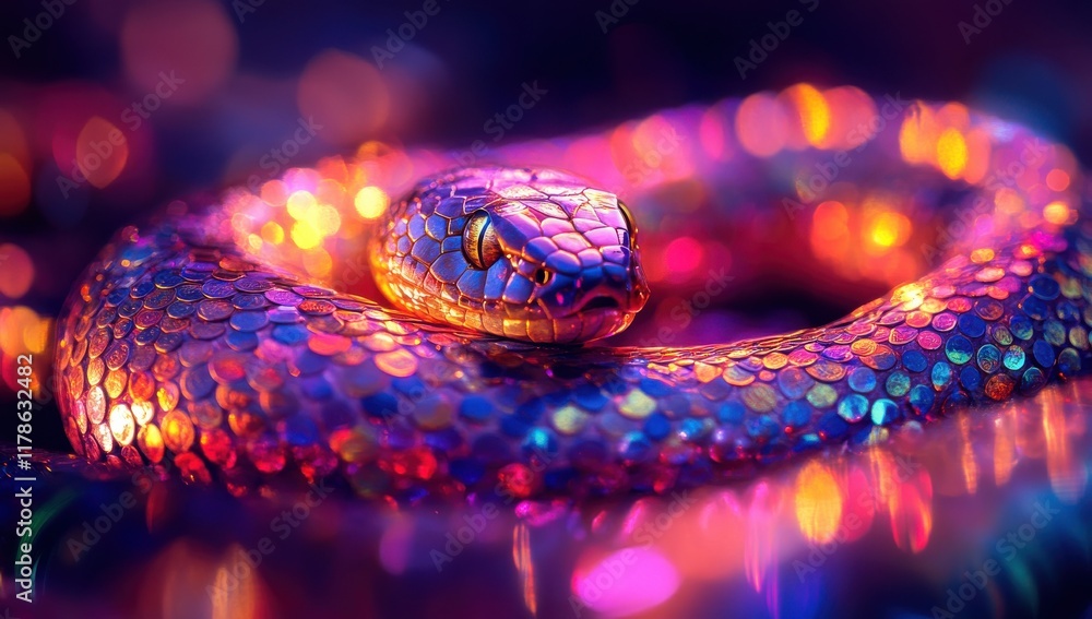 Aufkleber captivating close-up of a colorful snake with shimmering scales against a dreamy background of bokeh