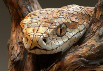 Obraz premium Captivating Close-Up of a Colorful Snake Coiled on a Branch, Showcasing Detailed Scales and Unique Patterns in a Natural Setting