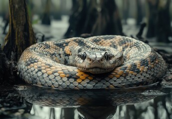 Fototapeta premium Captivating Close-Up of a Colorful Python Coiled on Wet Ground Surrounded by Unique Forked Roots and Reflections in a Serene Swamp Environment