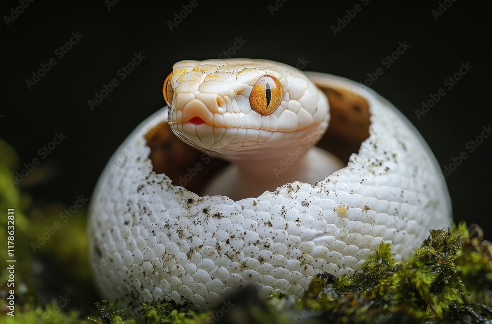 Poster captivating close-up of a hatchling snake emerging from its egg surrounded by lush greenery, showcas