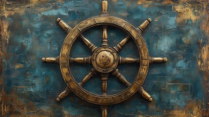 Obraz premium Antique ship's wheel on rustic teal background.