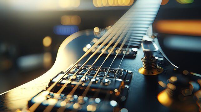 Close-up of a dark electric guitar with strings, bridge, and tuning pegs.