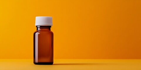 Closeup of a single brown amber glass pharmaceutical bottle or medicine container on a plain orange studio background. Minimalist,simple product shot or mockup for healthcare,medical.
