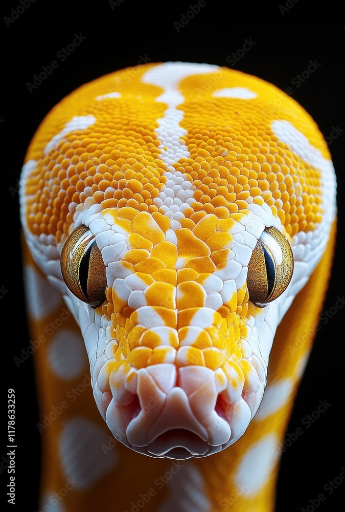 Poster Captivating Close-Up of a Vibrant Yellow and White Ball Python Exhibiting Intricate Scale Patterns Against a Dark Background