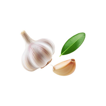 Falling garlic with slice on transparent background