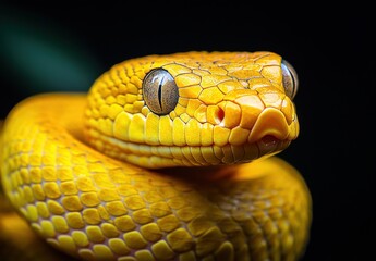 Fototapeta premium Captivating Close-Up of a Vibrant Yellow Snake Showcasing Intricate Scales and Expressive Eyes Against a Dark Background in a Nature Setting