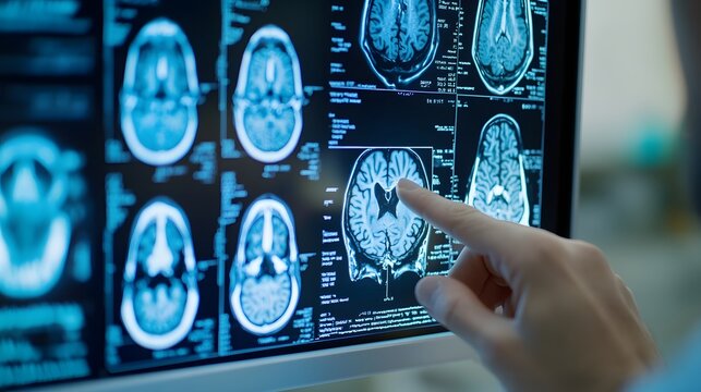 Close-up view of a digital brain tomography scan displayed on a medical radiology monitor,used by doctors and professionals for neurological examination,diagnosis.