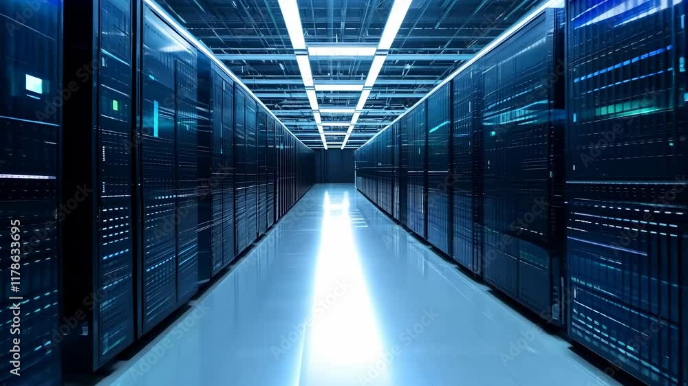 Poster deep dive into the digital realm: exploring a modern data center's vast server infrastructure