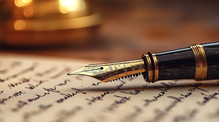 Close-up of a gold fountain pen on antique handwritten letter.