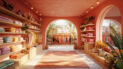 Coral-walled boutique with clothing, shelves, plants, and arched windows.