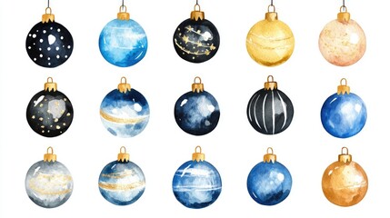 Handcrafted Watercolor Christmas Bulbs: A Festive Array of Brightly Colored Ornaments on a Black Background