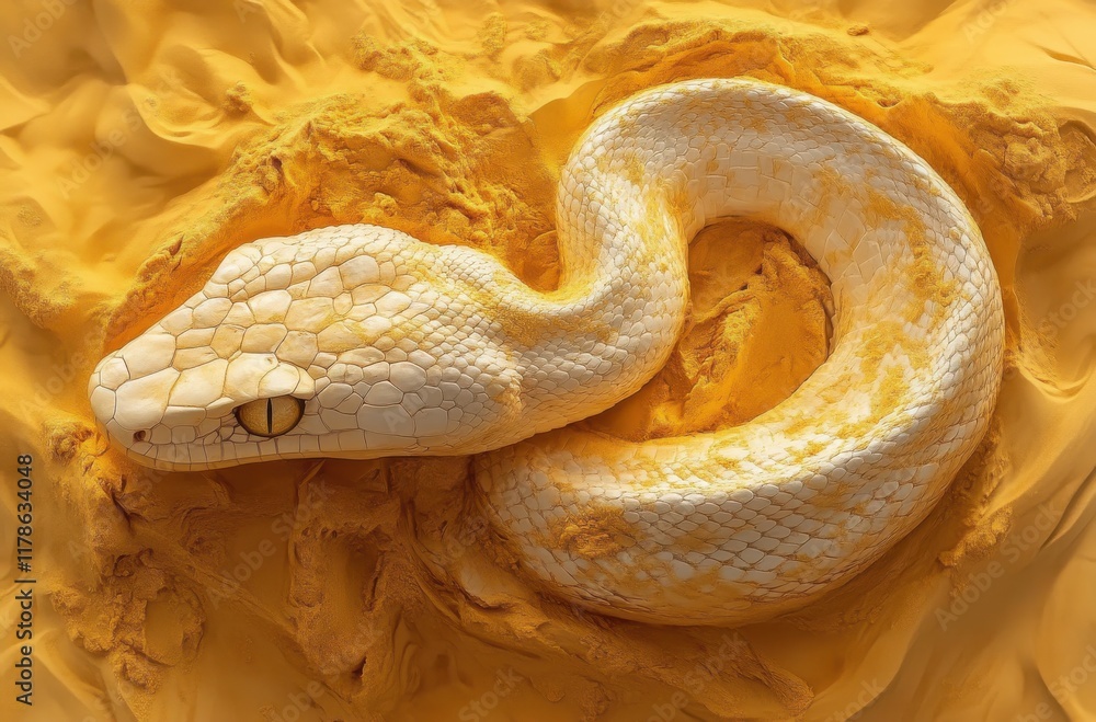 Poster captivating white python coiled on vibrant yellow background showcasing unique scales and intriguing