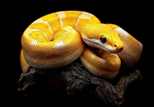 Captivating Yellow Python Coiled Elegantly on Branch Against Black Background Showcasing Vibrant Coloration and Unique Patterns for Nature Photography