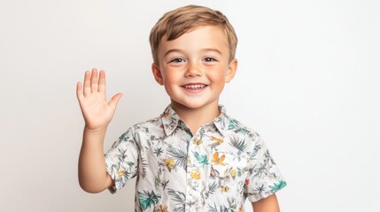 Adorable Toddler Boy Waving Hello, Studio Portrait