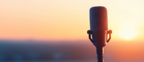 Obraz premium Microphone against a vibrant sunset, symbolizing music and communication. sound vlog recording studio