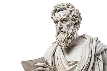 Greek sculpture holding banknote statue art white background.