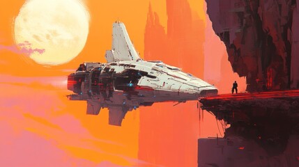 A futuristic spaceship hovering near a cliff against a vibrant sunset.