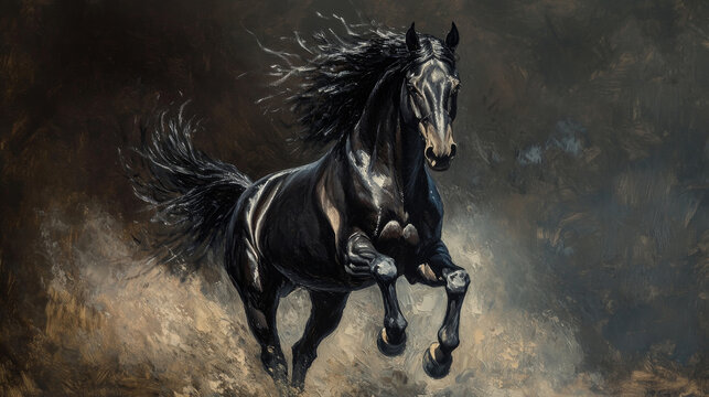 beautiful, Oil painting of a black horse running in the wind, front view, dark background, misty sky, large brushstrokes, strong contrast between light and shadow, exquisite details, flowing mane, an